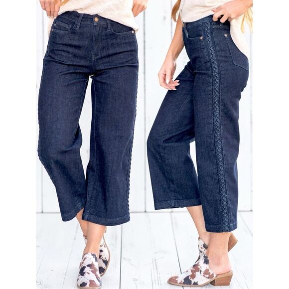 Judy Blue Denim - Judy Blue Braided Side Seam Cropped Wide Leg Jeans Dark Wash Stretch Denim NWT